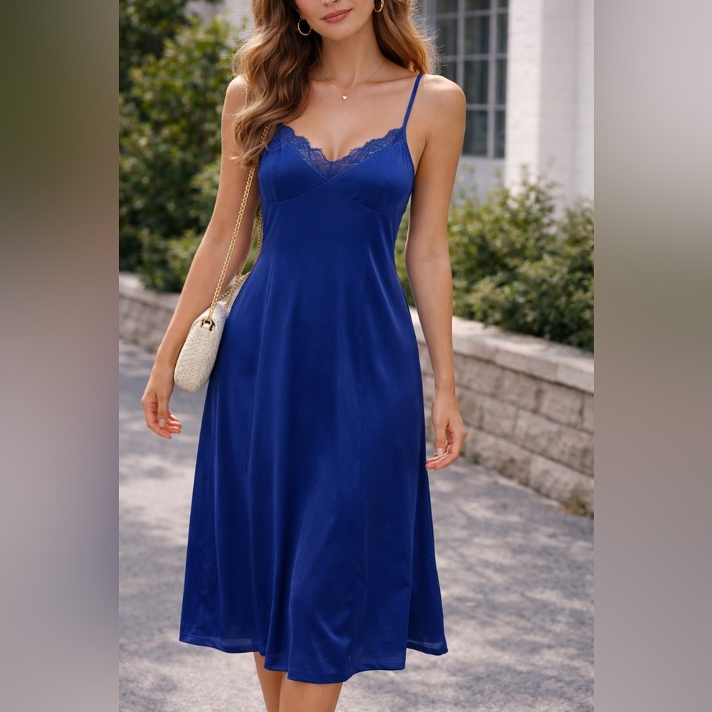 PINK LADY | Elegant Blue Lace Trim Slip Dress